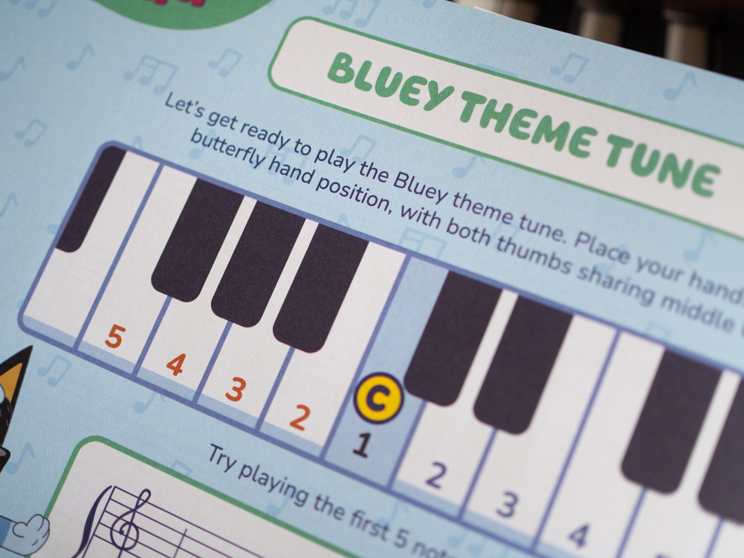 Final page of Bluey: First Ever Piano Book showing simple sheet music for the Bluey theme tune for young pianists.